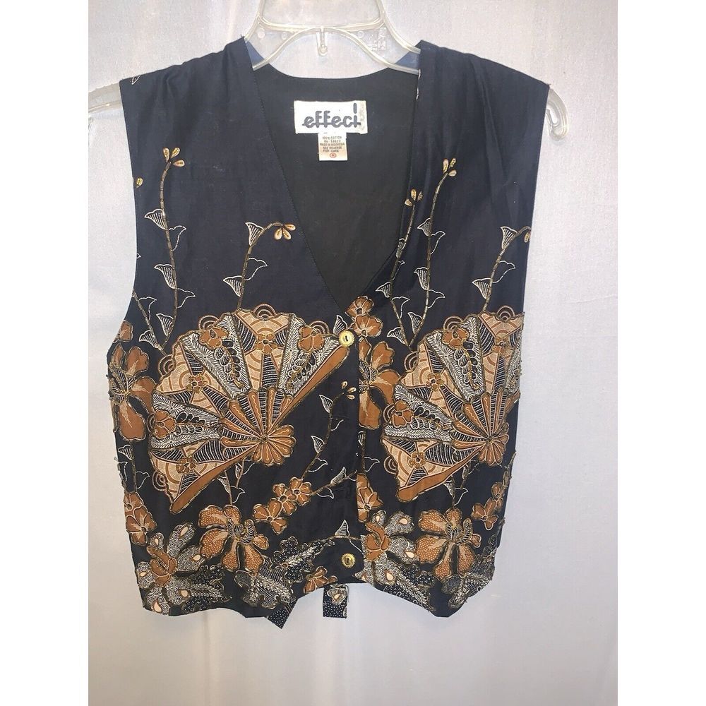 Women's Medium Effeci‎ Vintage Beaded Floral Fan  Vest Cottage Indie UNQUE